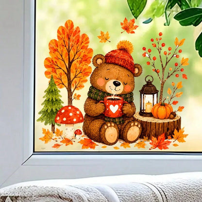 1pc Cute Autumn Bear Maple Static Cling Window Sticker, Reusable Glass Sticker, Harvest Decor For Kids Room Thanksgiving Window Ornament