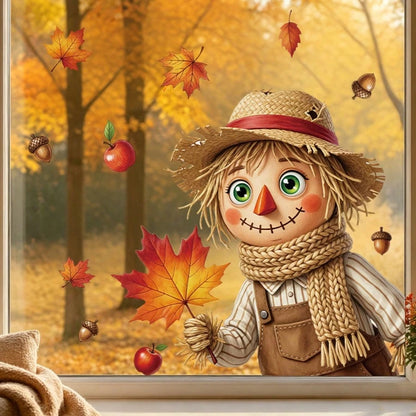 1pc Cute Autumn Bear Maple Static Cling Window Sticker, Reusable Glass Sticker, Harvest Decor For Kids Room Thanksgiving Window Ornament