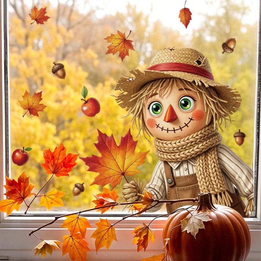 1pc Cute Autumn Bear Maple Static Cling Window Sticker, Reusable Glass Sticker, Harvest Decor For Kids Room Thanksgiving Window Ornament