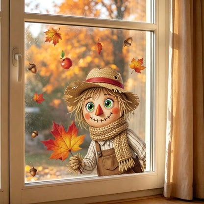 1pc Cute Autumn Bear Maple Static Cling Window Sticker, Reusable Glass Sticker, Harvest Decor For Kids Room Thanksgiving Window Ornament