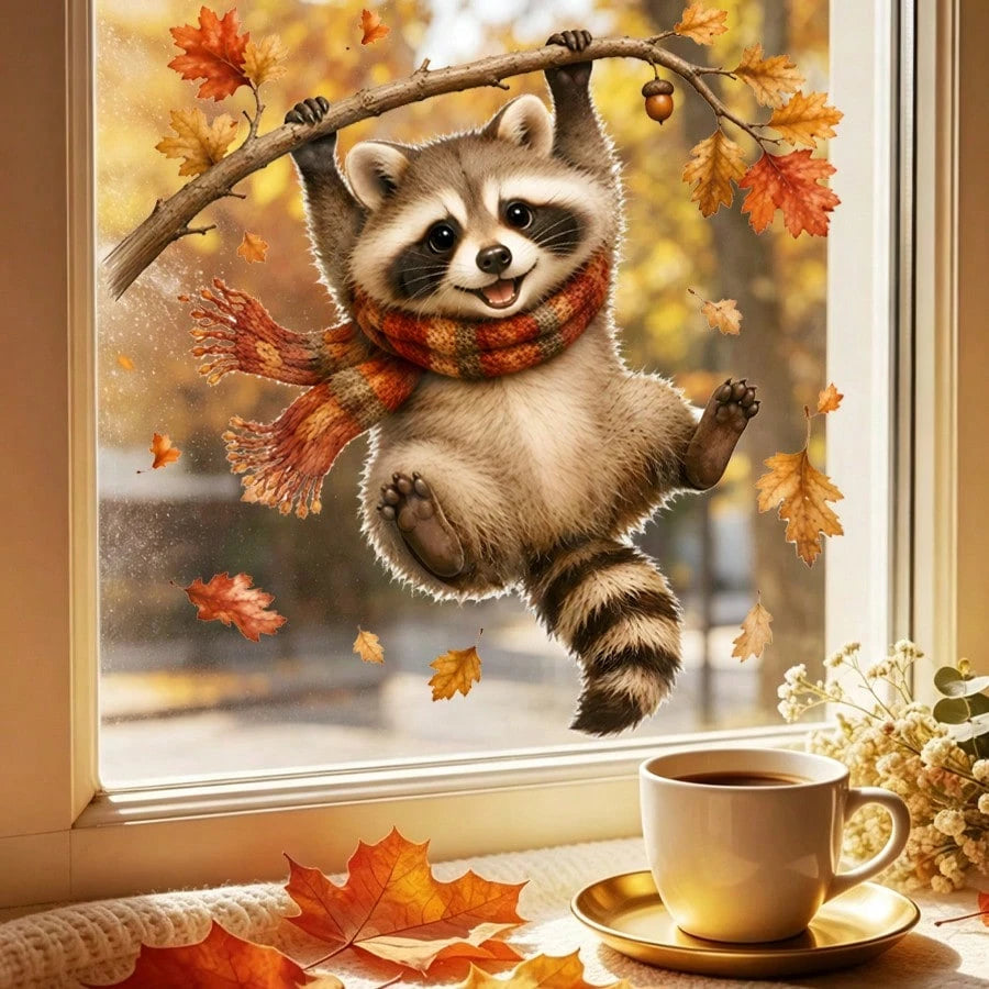 1pc Cute Autumn Bear Maple Static Cling Window Sticker, Reusable Glass Sticker, Harvest Decor For Kids Room Thanksgiving Window Ornament