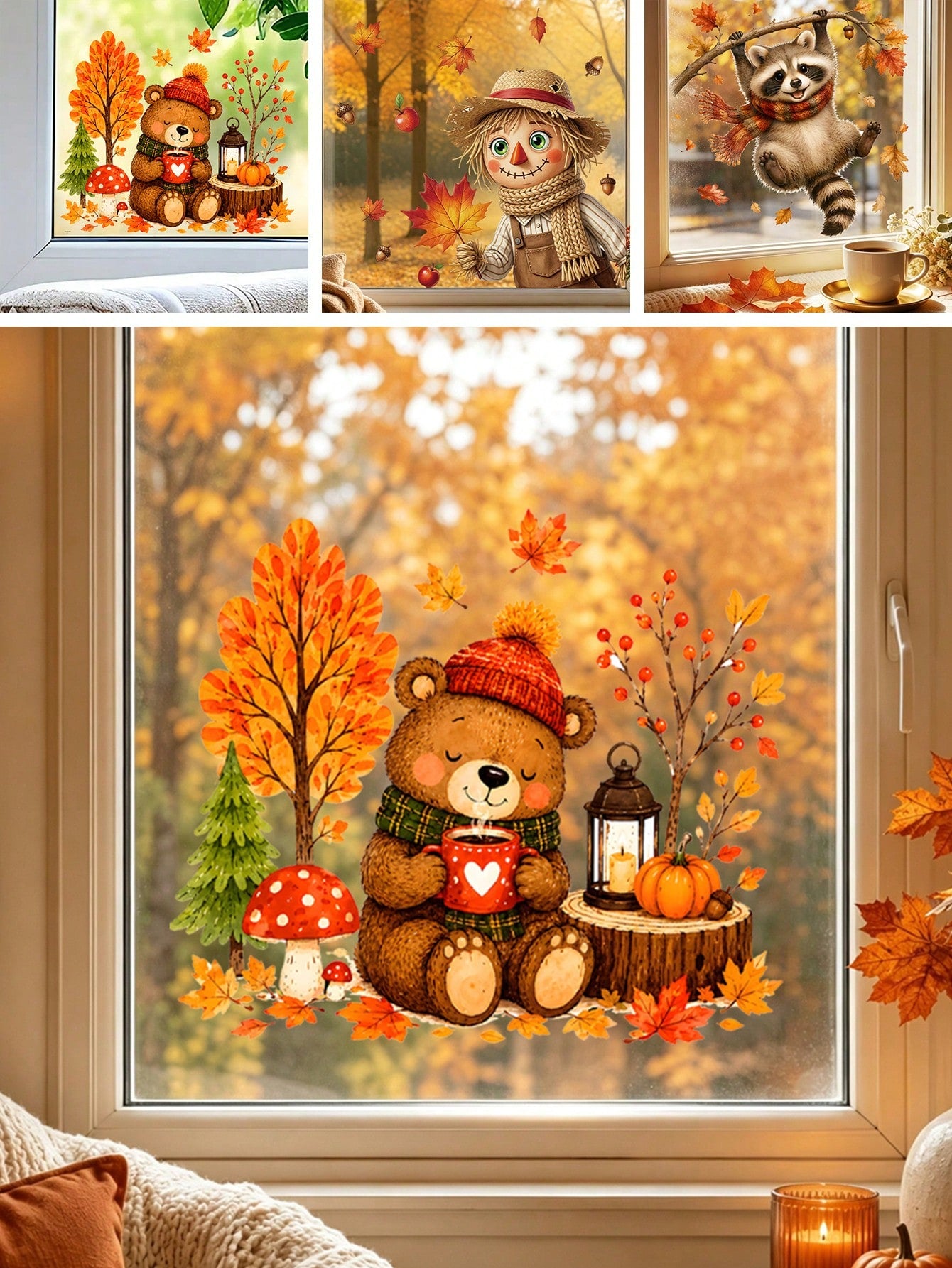 1pc Cute Autumn Bear Maple Static Cling Window Sticker, Reusable Glass Sticker, Harvest Decor For Kids Room Thanksgiving Window Ornament