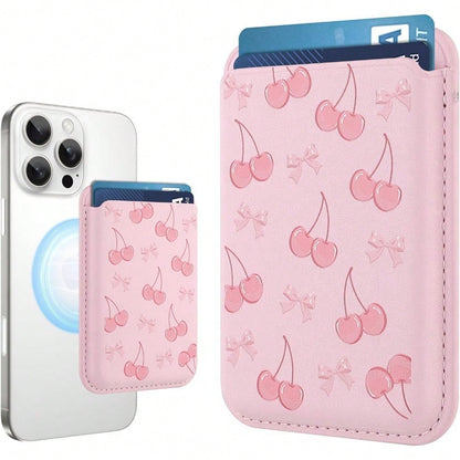 1pc Cute Cherry Magnetic Wallet Cell Phone Card Holder For Phone Case, Stronger Magnetic RFID Leather Phone Wallet Stick On Series Of 17/16/15/14/13/12 And Pro/Promax, Light Pink Compatible With Andro
