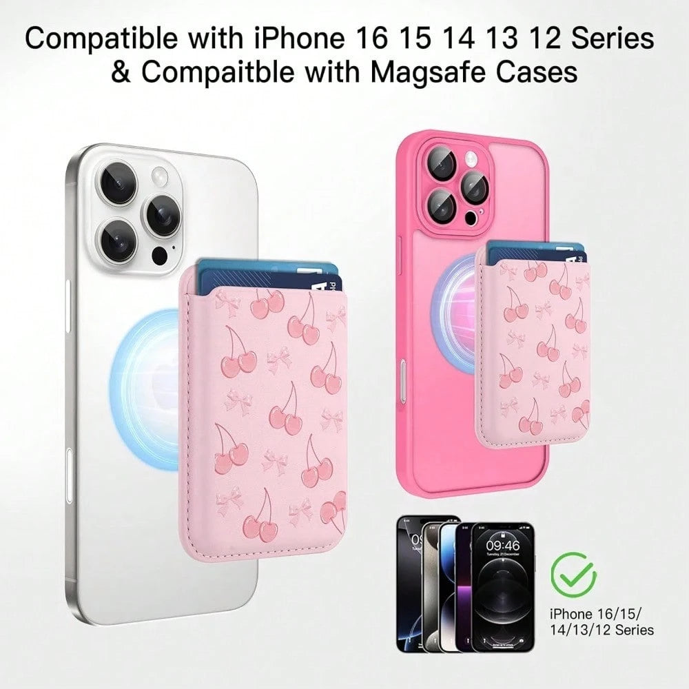 1pc Cute Cherry Magnetic Wallet Cell Phone Card Holder For Phone Case, Stronger Magnetic RFID Leather Phone Wallet Stick On Series Of 17/16/15/14/13/12 And Pro/Promax, Light Pink Compatible With Andro