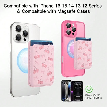1pc Cute Cherry Magnetic Wallet Cell Phone Card Holder For Phone Case, Stronger Magnetic RFID Leather Phone Wallet Stick On Series Of 17/16/15/14/13/12 And Pro/Promax, Light Pink Compatible With Andro