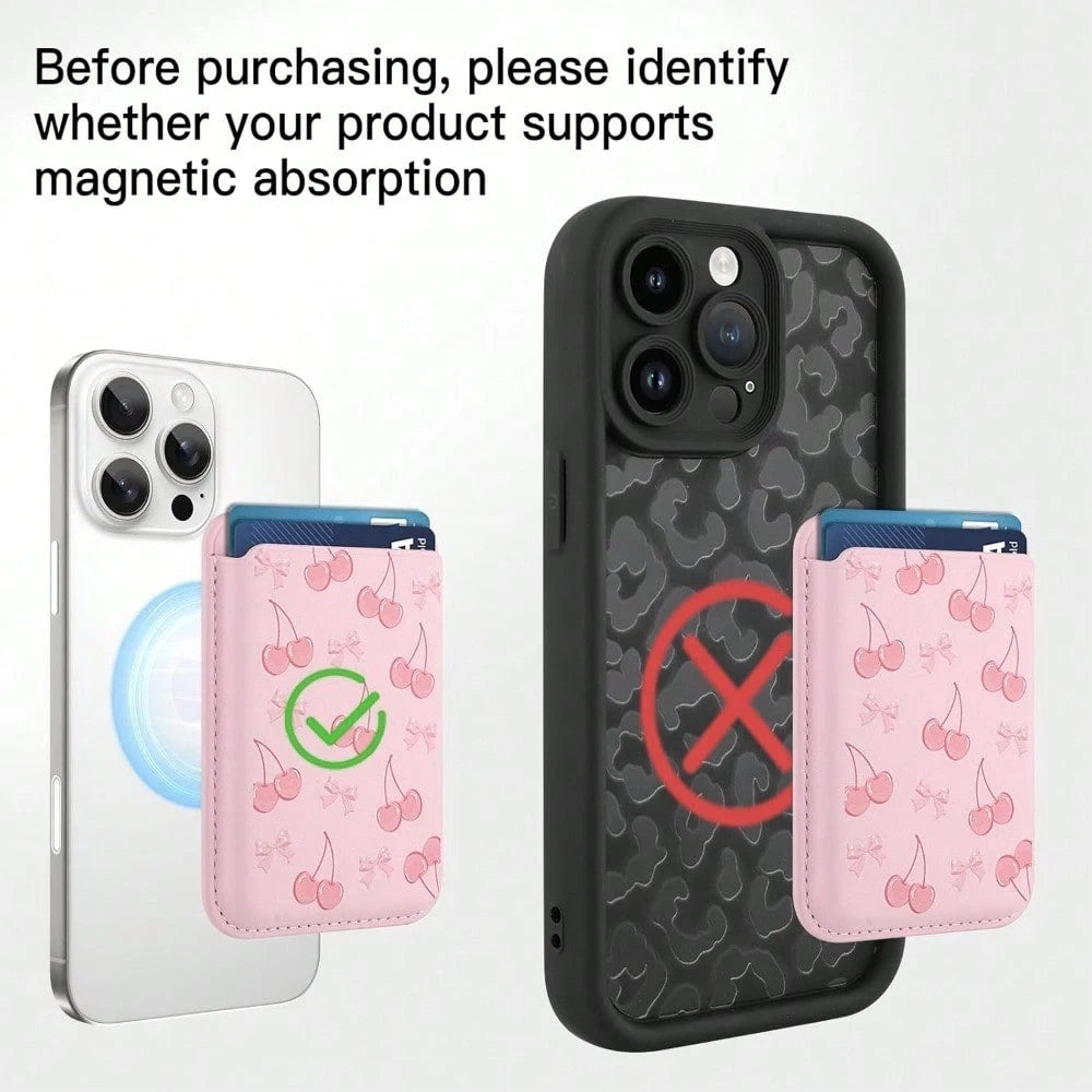 1pc Cute Cherry Magnetic Wallet Cell Phone Card Holder For Phone Case, Stronger Magnetic RFID Leather Phone Wallet Stick On Series Of 17/16/15/14/13/12 And Pro/Promax, Light Pink Compatible With Andro