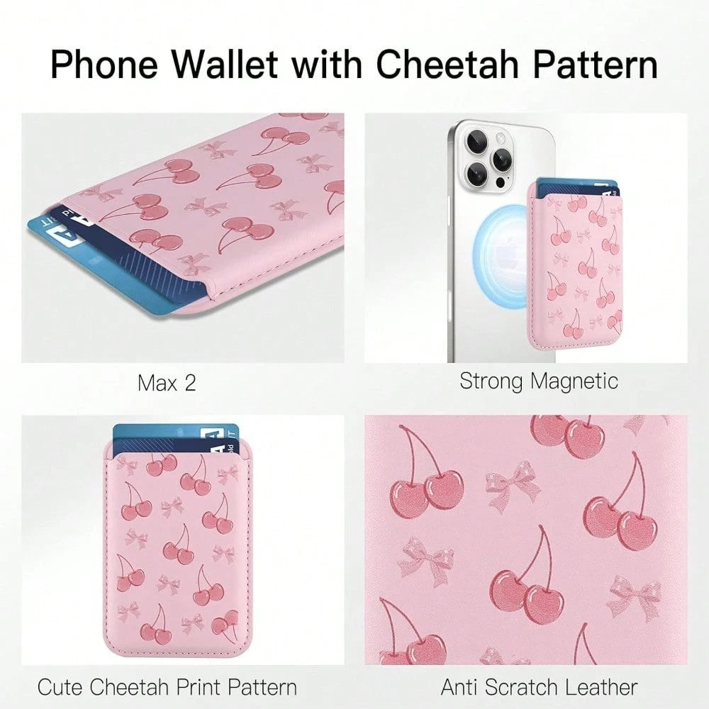 1pc Cute Cherry Magnetic Wallet Cell Phone Card Holder For Phone Case, Stronger Magnetic RFID Leather Phone Wallet Stick On Series Of 17/16/15/14/13/12 And Pro/Promax, Light Pink Compatible With Andro