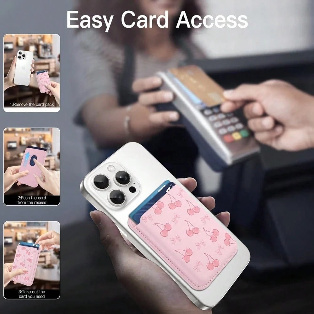 1pc Cute Cherry Magnetic Wallet Cell Phone Card Holder For Phone Case, Stronger Magnetic RFID Leather Phone Wallet Stick On Series Of 17/16/15/14/13/12 And Pro/Promax, Light Pink Compatible With Andro