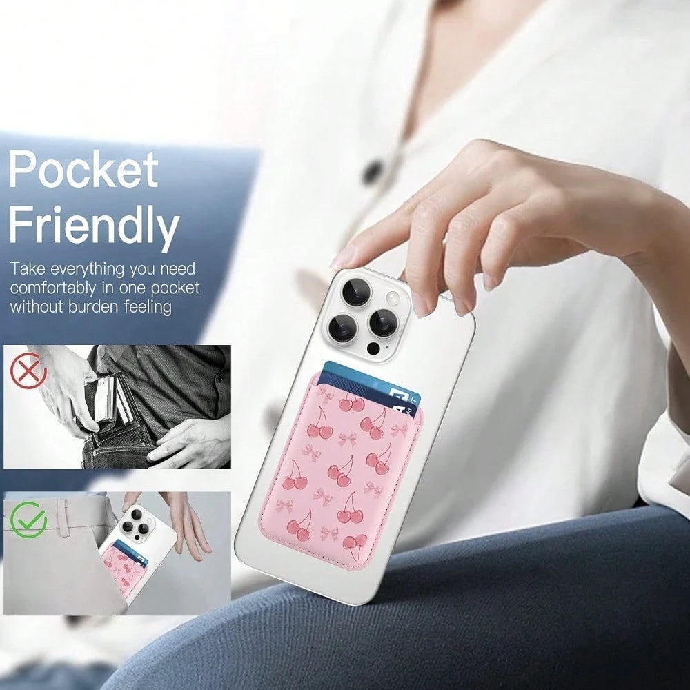 1pc Cute Cherry Magnetic Wallet Cell Phone Card Holder For Phone Case, Stronger Magnetic RFID Leather Phone Wallet Stick On Series Of 17/16/15/14/13/12 And Pro/Promax, Light Pink Compatible With Andro