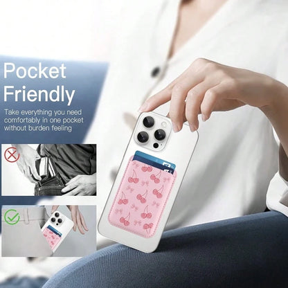 1pc Cute Cherry Magnetic Wallet Cell Phone Card Holder For Phone Case, Stronger Magnetic RFID Leather Phone Wallet Stick On Series Of 17/16/15/14/13/12 And Pro/Promax, Light Pink Compatible With Andro