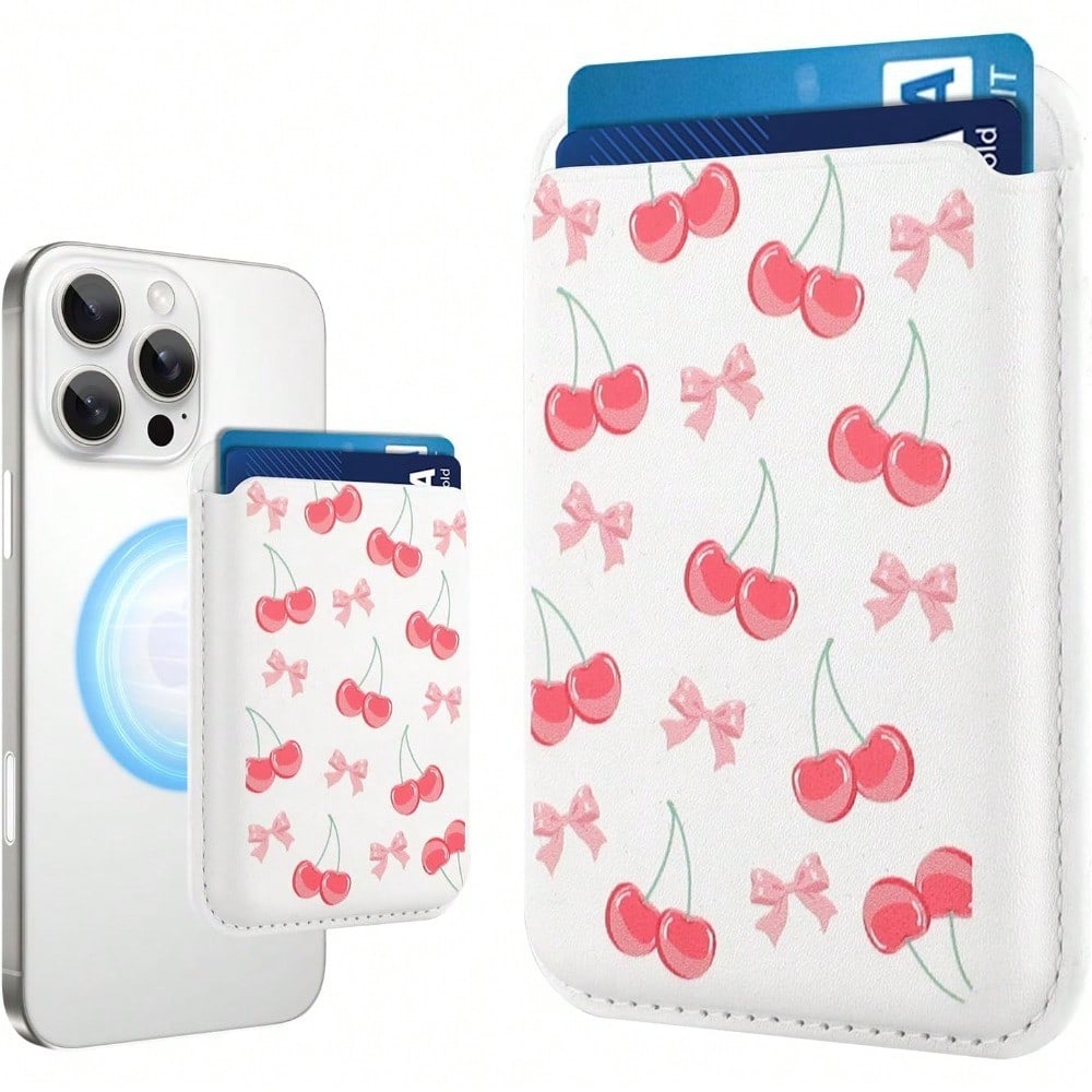 1pc Cute Cherry Magnetic Wallet Cell Phone Card Holder For Phone Case, Stronger Magnetic RFID Leather Phone Wallet Stick On Series Of 17/16/15/14/13/12 And Pro/Promax, Light Pink Compatible With Andro