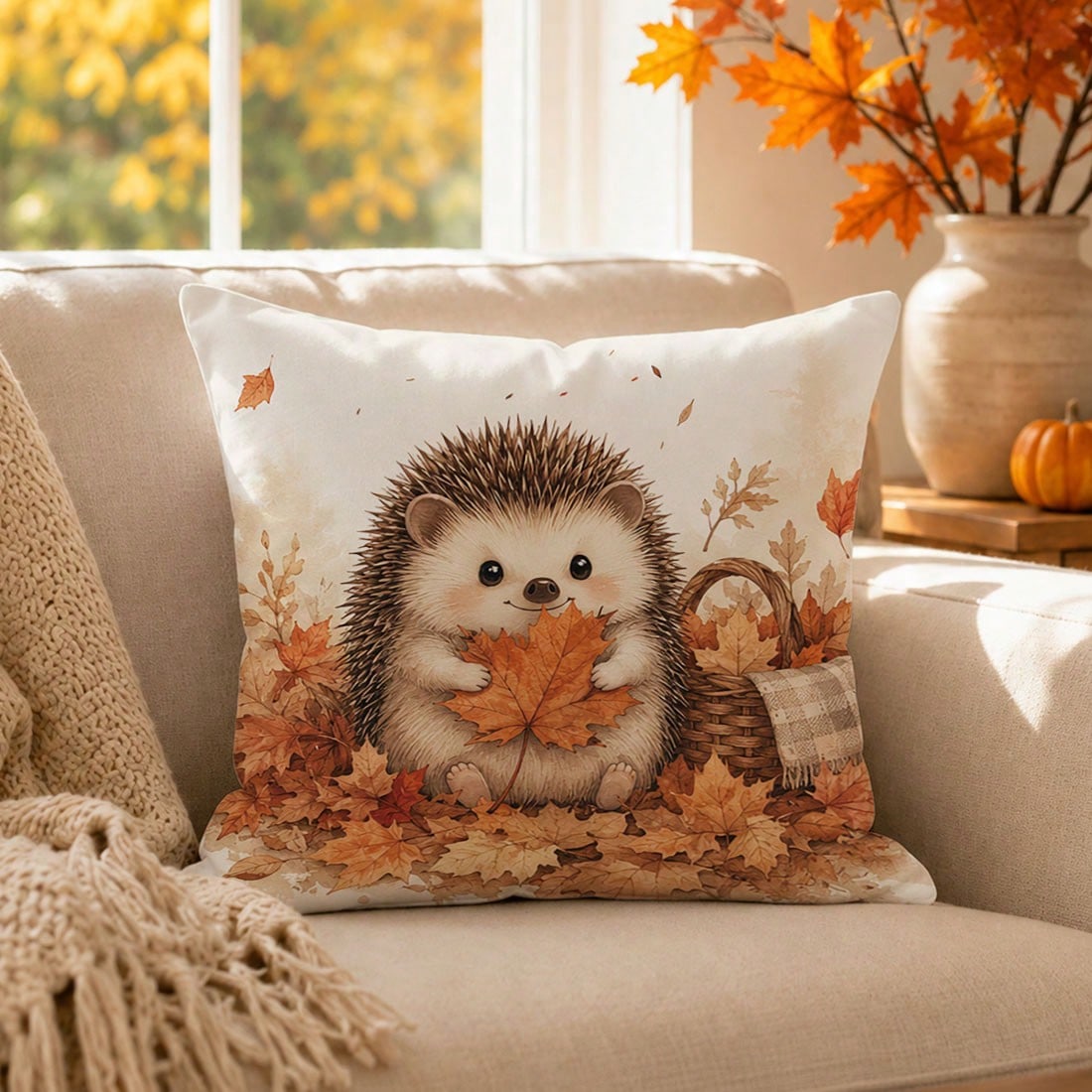 1pc Cute Hedgehog & Maple Leaf Cushion Cover, Single-Sided Printed Skin-Friendly Peach Skin Velvet Material, 45*45CM/18*18inch Pillowcase For Room Decor, Modern Fabric Sofa Indoor Decoration, Party De