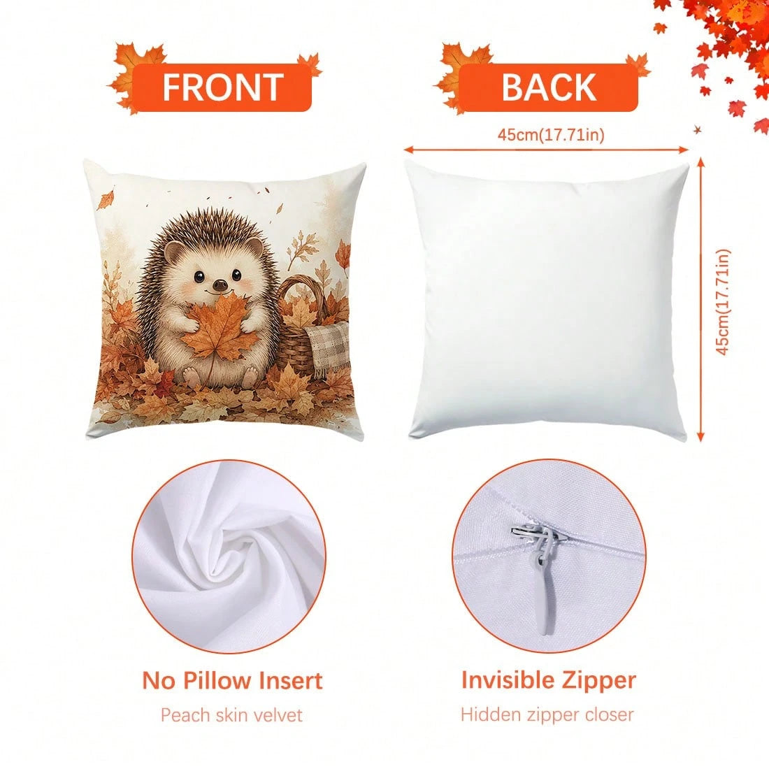 1pc Cute Hedgehog & Maple Leaf Cushion Cover, Single-Sided Printed Skin-Friendly Peach Skin Velvet Material, 45*45CM/18*18inch Pillowcase For Room Decor, Modern Fabric Sofa Indoor Decoration, Party De