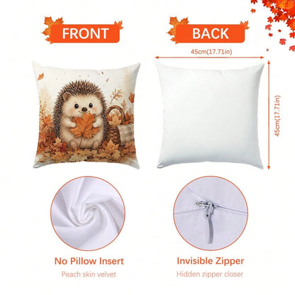 1pc Cute Hedgehog & Maple Leaf Cushion Cover, Single-Sided Printed Skin-Friendly Peach Skin Velvet Material, 45*45CM/18*18inch Pillowcase For Room Decor, Modern Fabric Sofa Indoor Decoration, Party De