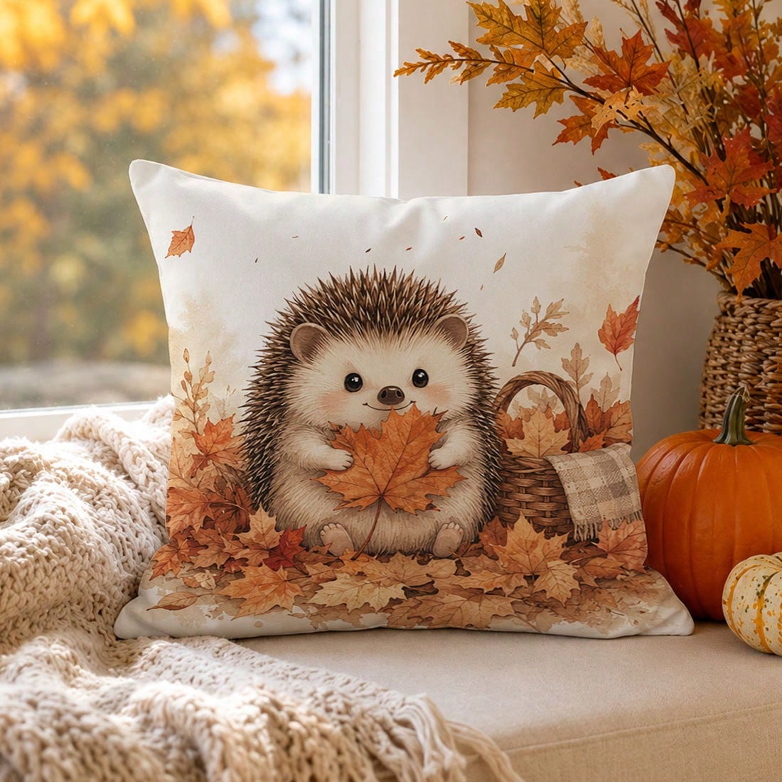 1pc Cute Hedgehog & Maple Leaf Cushion Cover, Single-Sided Printed Skin-Friendly Peach Skin Velvet Material, 45*45CM/18*18inch Pillowcase For Room Decor, Modern Fabric Sofa Indoor Decoration, Party De