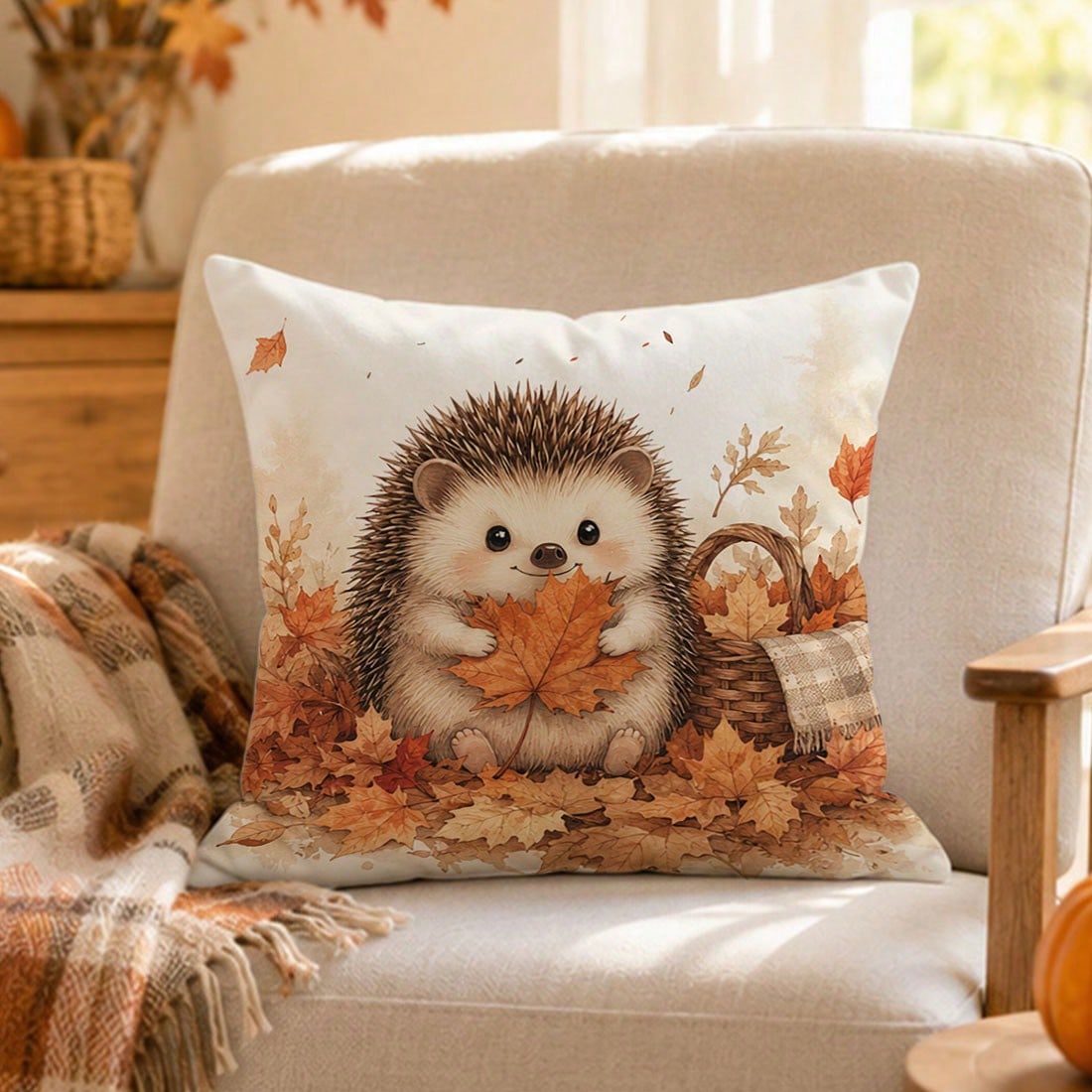 1pc Cute Hedgehog & Maple Leaf Cushion Cover, Single-Sided Printed Skin-Friendly Peach Skin Velvet Material, 45*45CM/18*18inch Pillowcase For Room Decor, Modern Fabric Sofa Indoor Decoration, Party De