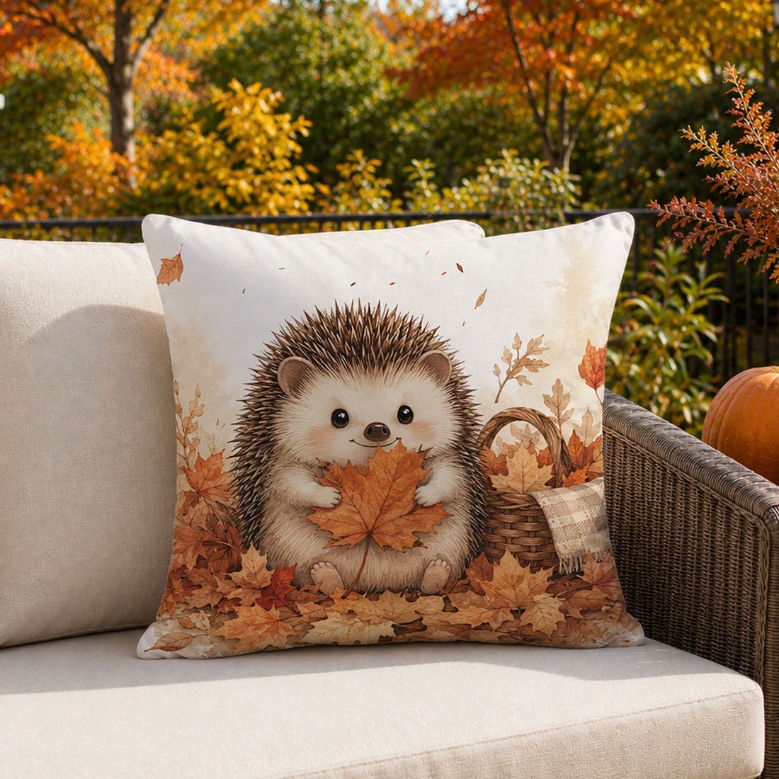 1pc Cute Hedgehog & Maple Leaf Cushion Cover, Single-Sided Printed Skin-Friendly Peach Skin Velvet Material, 45*45CM/18*18inch Pillowcase For Room Decor, Modern Fabric Sofa Indoor Decoration, Party De