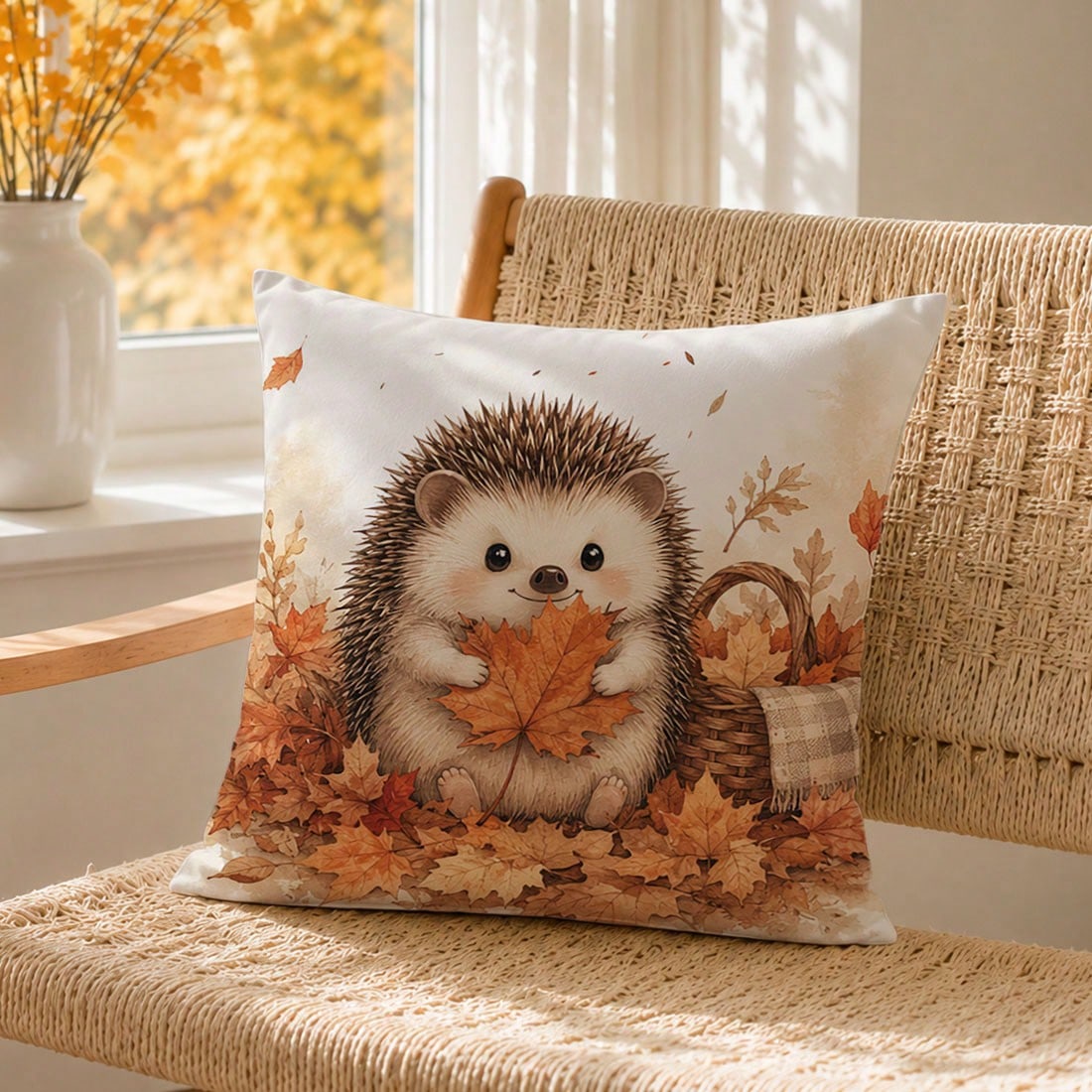 1pc Cute Hedgehog & Maple Leaf Cushion Cover, Single-Sided Printed Skin-Friendly Peach Skin Velvet Material, 45*45CM/18*18inch Pillowcase For Room Decor, Modern Fabric Sofa Indoor Decoration, Party De