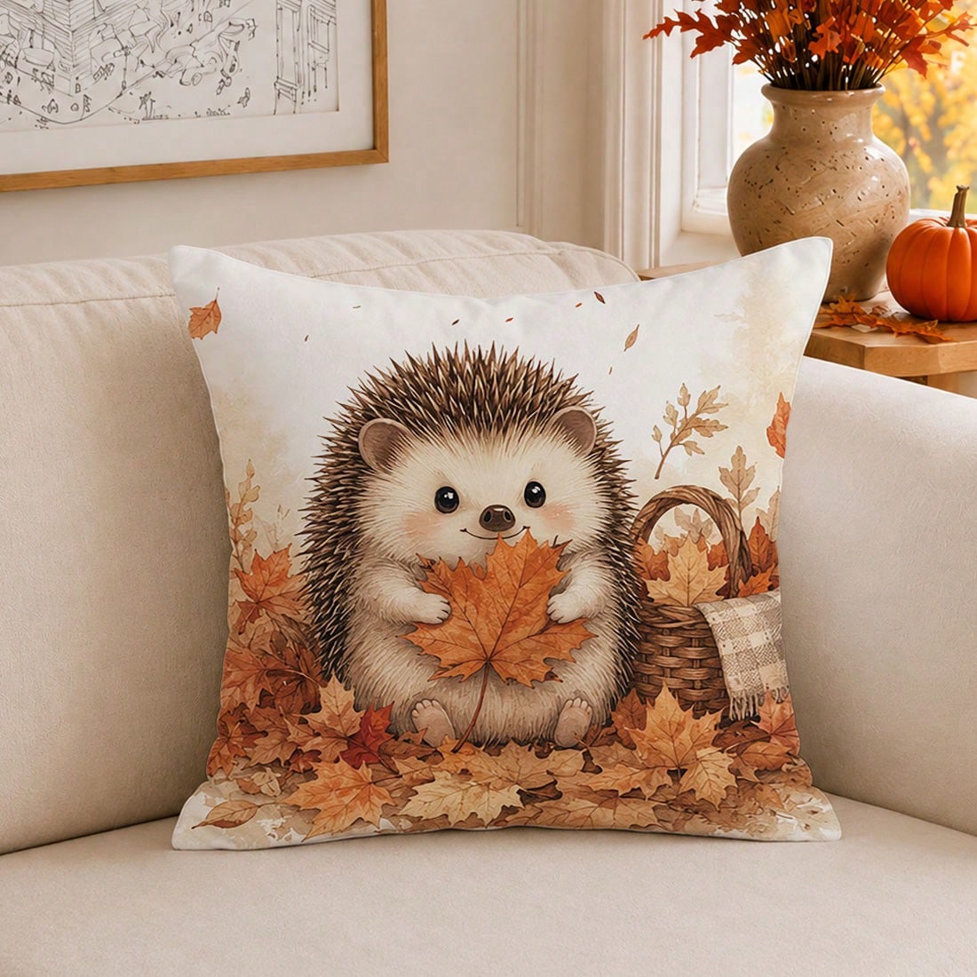 1pc Cute Hedgehog & Maple Leaf Cushion Cover, Single-Sided Printed Skin-Friendly Peach Skin Velvet Material, 45*45CM/18*18inch Pillowcase For Room Decor, Modern Fabric Sofa Indoor Decoration, Party De