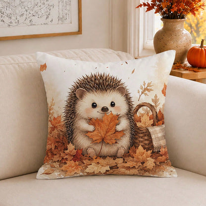 1pc Cute Hedgehog & Maple Leaf Cushion Cover, Single-Sided Printed Skin-Friendly Peach Skin Velvet Material, 45*45CM/18*18inch Pillowcase For Room Decor, Modern Fabric Sofa Indoor Decoration, Party De