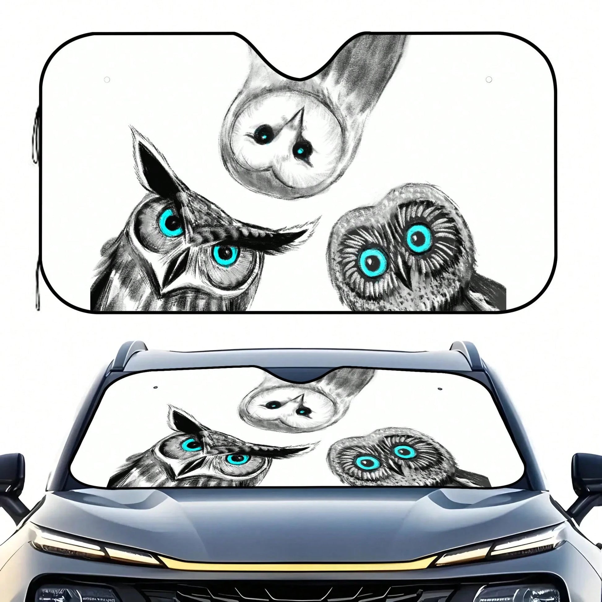 1pc Cute Owl Creative Print Car Front Windshield Sun Shade, UV Protection, Foldable, Full Blackout, Keeps Your Vehicle Cool