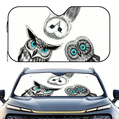1pc Cute Owl Creative Print Car Front Windshield Sun Shade, UV Protection, Foldable, Full Blackout, Keeps Your Vehicle Cool