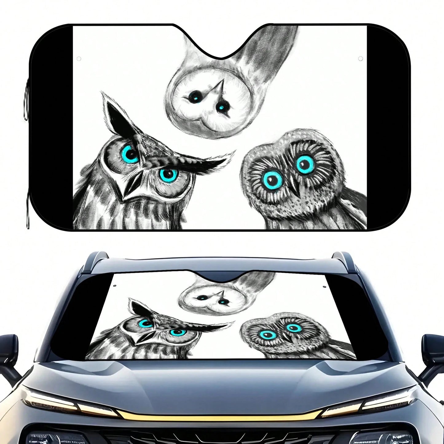 1pc Cute Owl Creative Print Car Front Windshield Sun Shade, UV Protection, Foldable, Full Blackout, Keeps Your Vehicle Cool