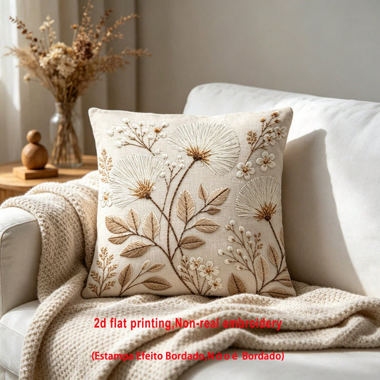 1pc Dandelion Embroidery-Look Throw Pillow Cover, 2D Flat Printing, Wabi-Sabi Natural Floral Home Decor Cushion Cover, Polyester Square Single-Sided Printed Pillow Sham, Machine Washable, Zipper Closu