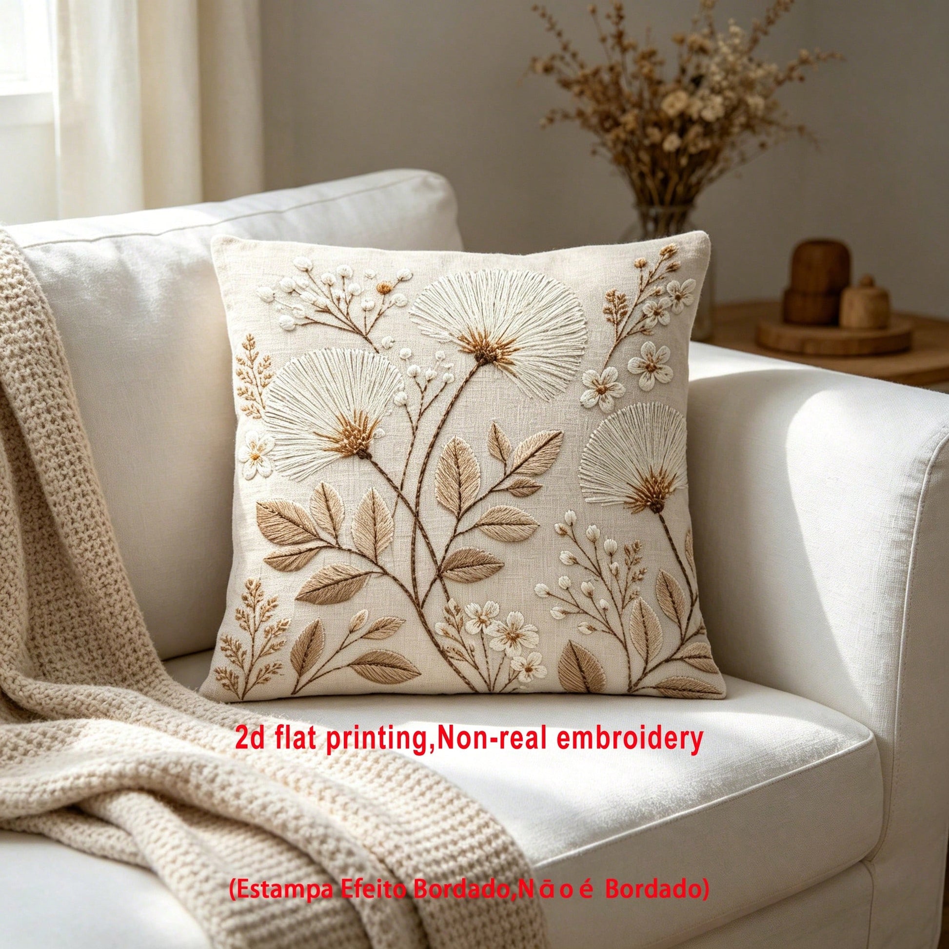 1pc Dandelion Embroidery-Look Throw Pillow Cover, 2D Flat Printing, Wabi-Sabi Natural Floral Home Decor Cushion Cover, Polyester Square Single-Sided Printed Pillow Sham, Machine Washable, Zipper Closu