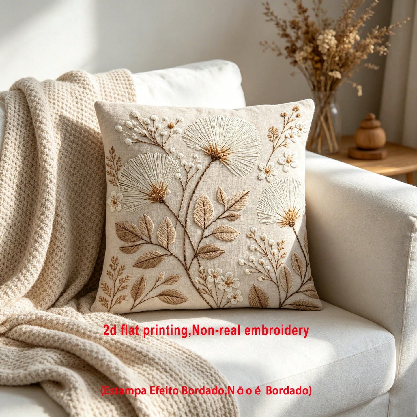1pc Dandelion Embroidery-Look Throw Pillow Cover, 2D Flat Printing, Wabi-Sabi Natural Floral Home Decor Cushion Cover, Polyester Square Single-Sided Printed Pillow Sham, Machine Washable, Zipper Closu
