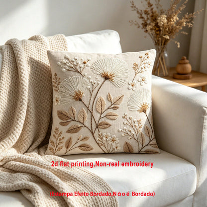 1pc Dandelion Embroidery-Look Throw Pillow Cover, 2D Flat Printing, Wabi-Sabi Natural Floral Home Decor Cushion Cover, Polyester Square Single-Sided Printed Pillow Sham, Machine Washable, Zipper Closu