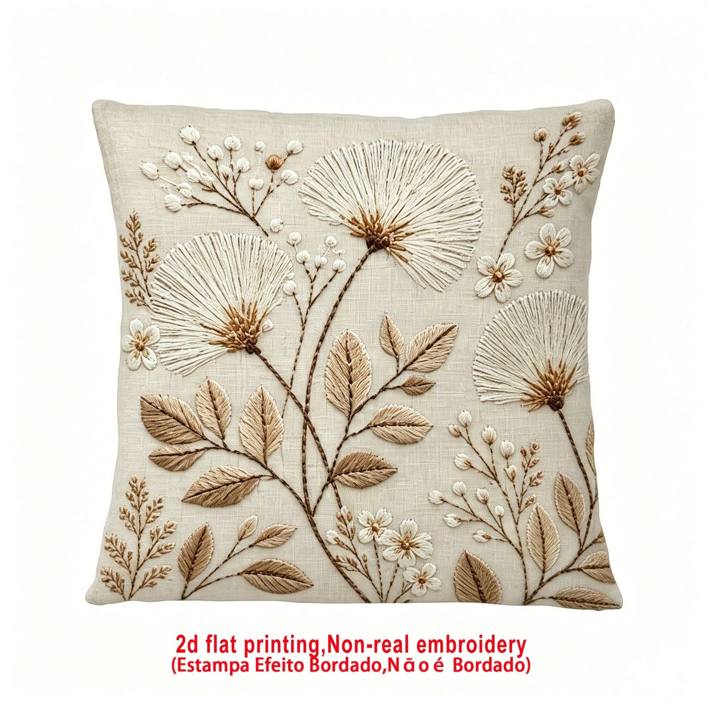 1pc Dandelion Embroidery-Look Throw Pillow Cover, 2D Flat Printing, Wabi-Sabi Natural Floral Home Decor Cushion Cover, Polyester Square Single-Sided Printed Pillow Sham, Machine Washable, Zipper Closu