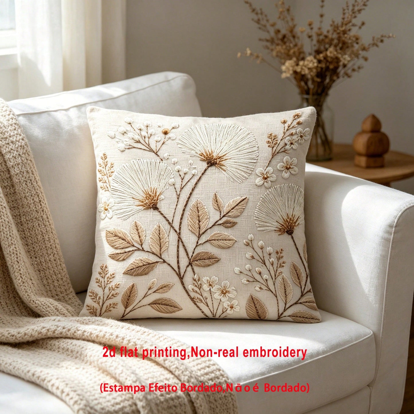 1pc Dandelion Embroidery-Look Throw Pillow Cover, 2D Flat Printing, Wabi-Sabi Natural Floral Home Decor Cushion Cover, Polyester Square Single-Sided Printed Pillow Sham, Machine Washable, Zipper Closu