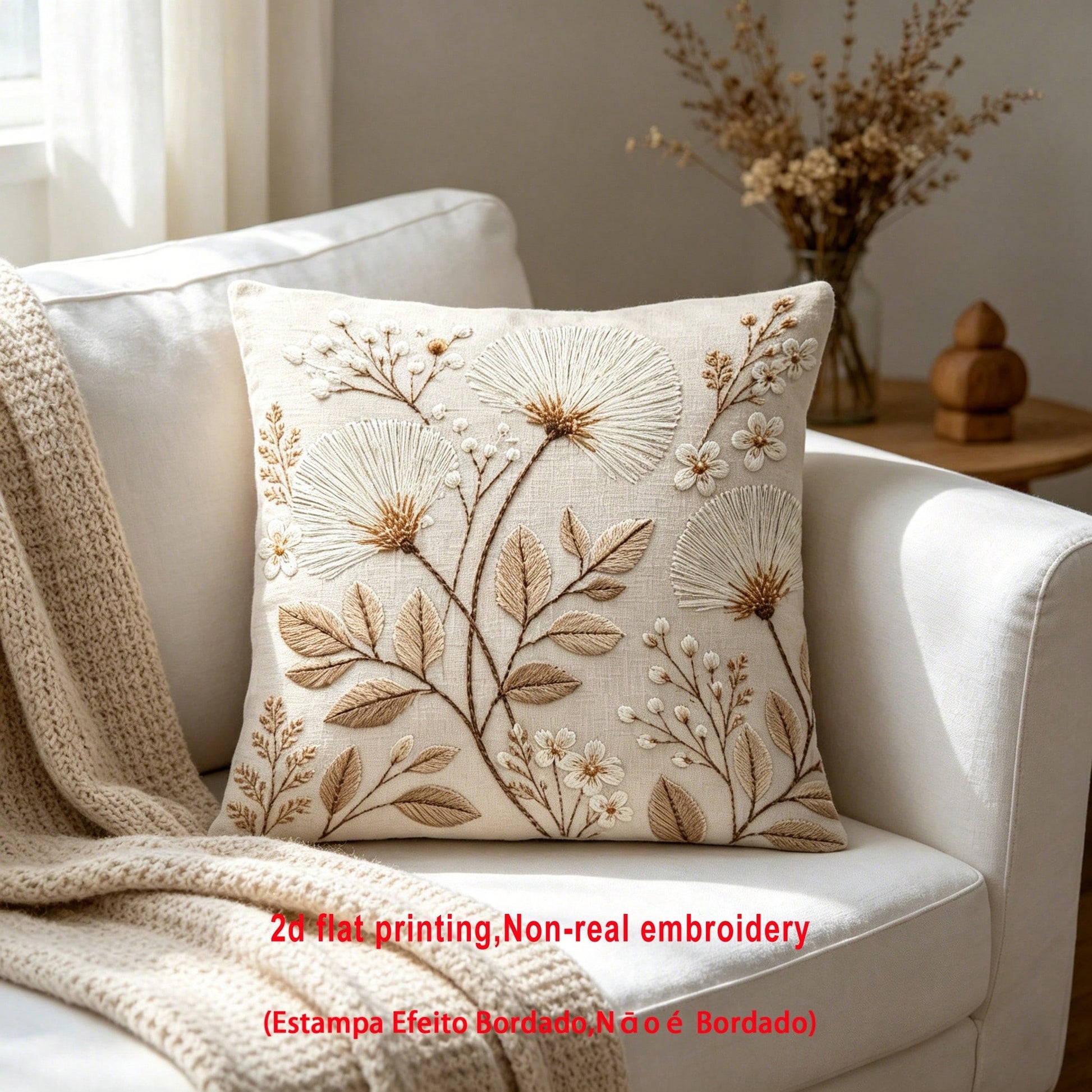 1pc Dandelion Embroidery-Look Throw Pillow Cover, 2D Flat Printing, Wabi-Sabi Natural Floral Home Decor Cushion Cover, Polyester Square Single-Sided Printed Pillow Sham, Machine Washable, Zipper Closu