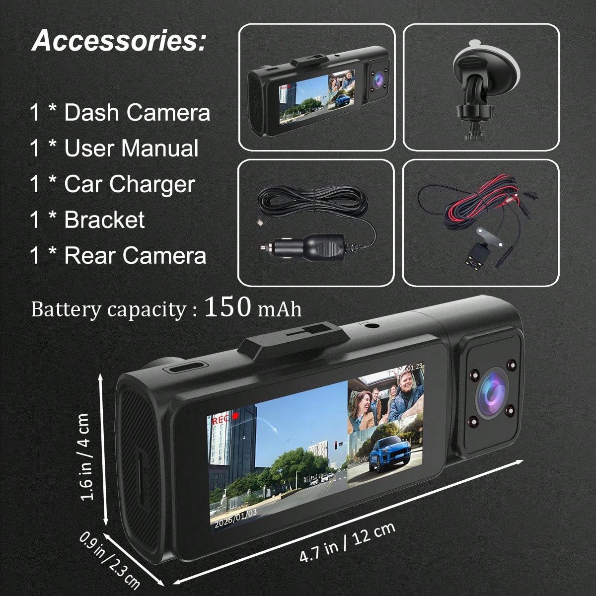 1pc,Dash Cam Front And Inside,Dash Camera For Cars, 1080P FHD DVR Car Dashboard Camera,With Loop Recording,3.2 Inch Display,Not Included SD Card