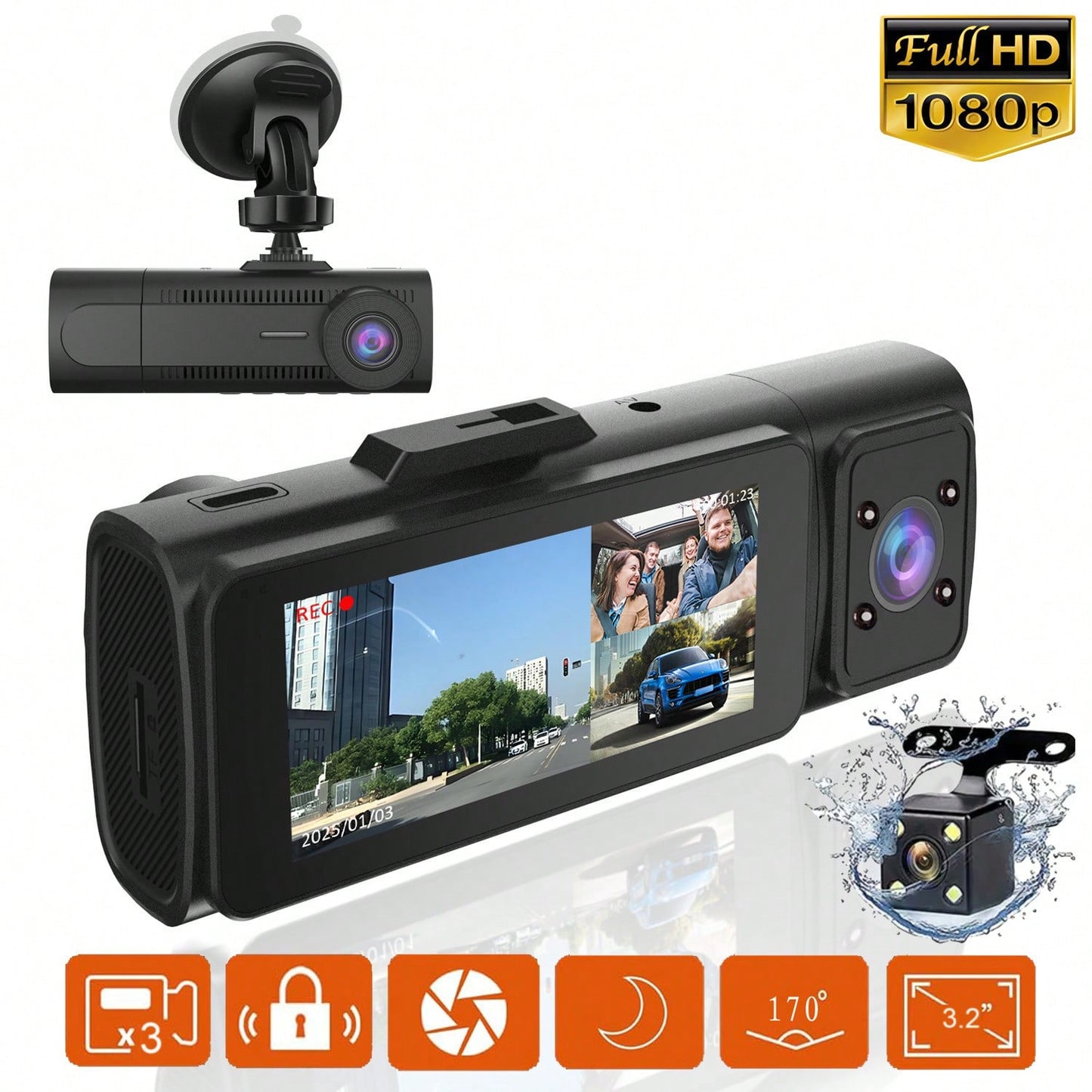 1pc,Dash Cam Front And Inside,Dash Camera For Cars, 1080P FHD DVR Car Dashboard Camera,With Loop Recording,3.2 Inch Display,Not Included SD Card
