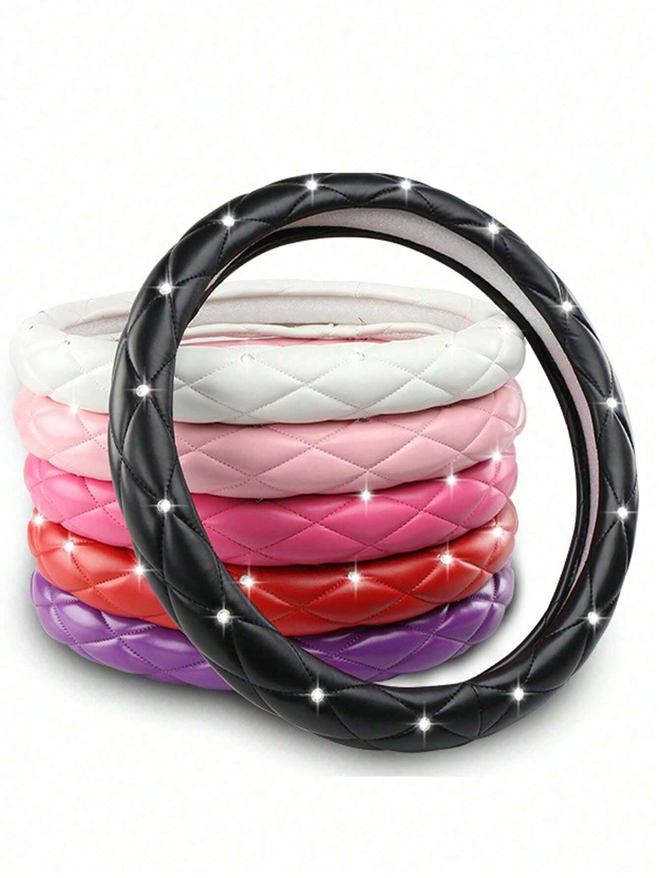 1pc Diamond Leather Shiny Universal Car Steering Wheel Cover 15 Inch- Black & White