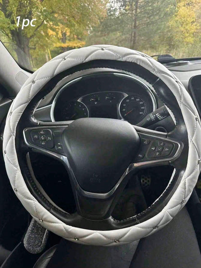 1pc Diamond Leather Shiny Universal Car Steering Wheel Cover 15 Inch- Black & White