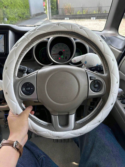 1pc Diamond Leather Shiny Universal Car Steering Wheel Cover 15 Inch- Black & White