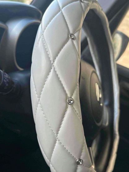 1pc Diamond Leather Shiny Universal Car Steering Wheel Cover 15 Inch- Black & White