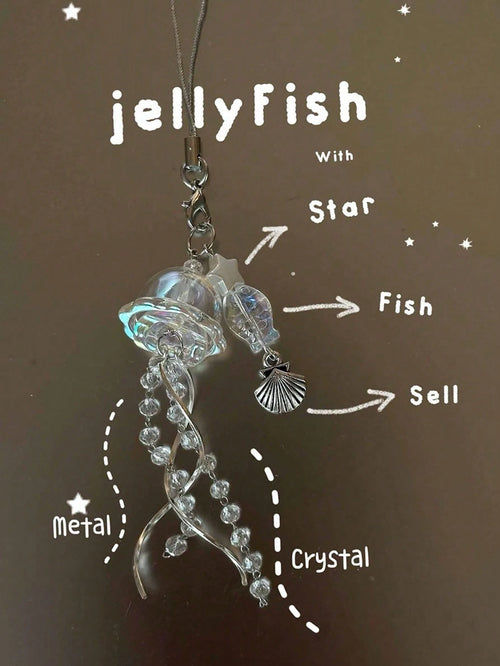 1pc Dream Jellyfish Mobile Phone Chain Crystal Clear Marine Life Keychain Curved Metal Pendant In Style Bag Pendant Phone Lanyard