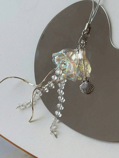 1pc Dream Jellyfish Mobile Phone Chain Crystal Clear Marine Life Keychain Curved Metal Pendant In Style Bag Pendant Phone Lanyard