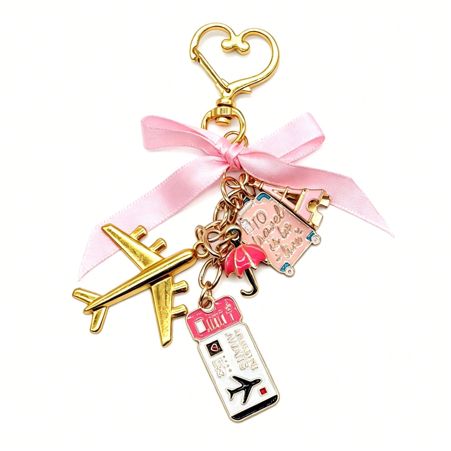1pc Elegant Pink Bow Travel Keychain Pendant, Oil Drop Airplane, Luggage, Boarding Pass, Passport, Eiffel Tower DIY Decoration, Women's Bag Charm, Suitcase Decoration, Shoulder Bag Accessory, Multi-Fu