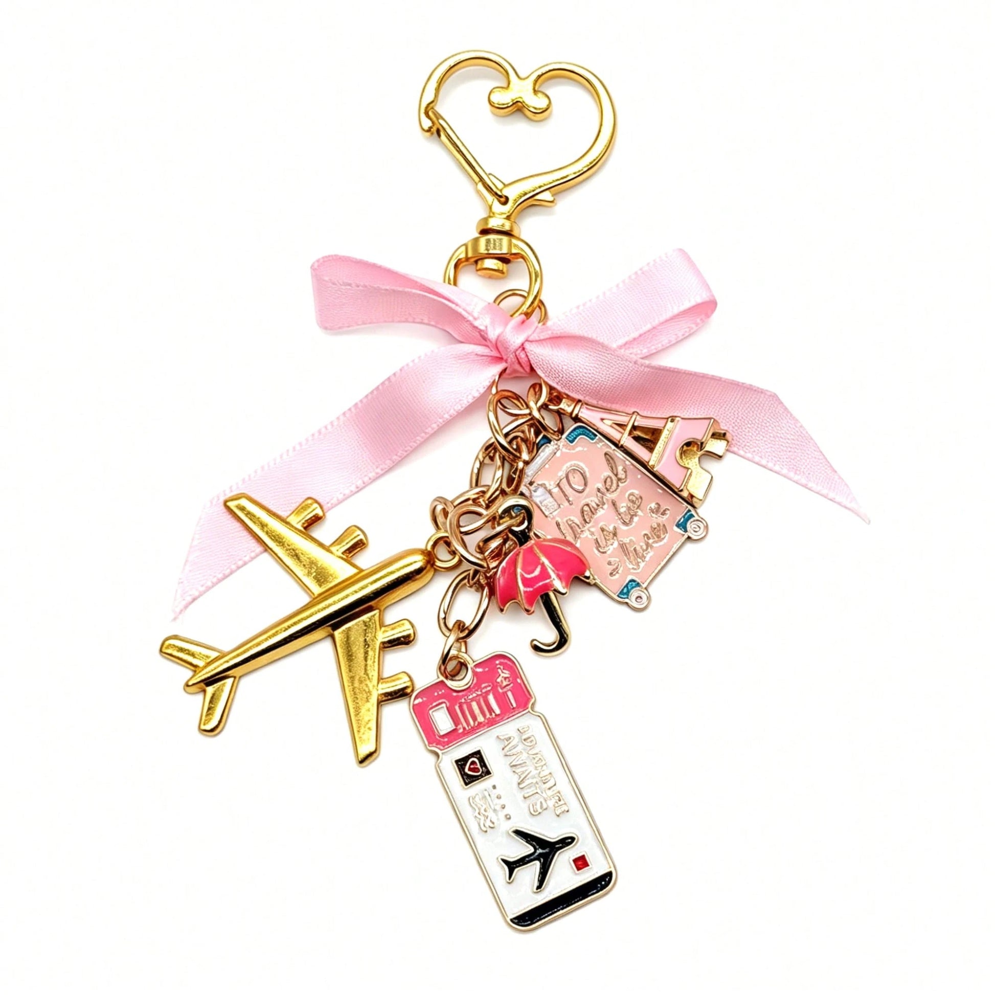1pc Elegant Pink Bow Travel Keychain Pendant, Oil Drop Airplane, Luggage, Boarding Pass, Passport, Eiffel Tower DIY Decoration, Women's Bag Charm, Suitcase Decoration, Shoulder Bag Accessory, Multi-Fu