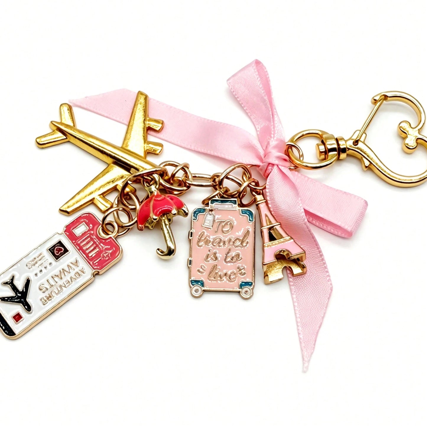 1pc Elegant Pink Bow Travel Keychain Pendant, Oil Drop Airplane, Luggage, Boarding Pass, Passport, Eiffel Tower DIY Decoration, Women's Bag Charm, Suitcase Decoration, Shoulder Bag Accessory, Multi-Fu
