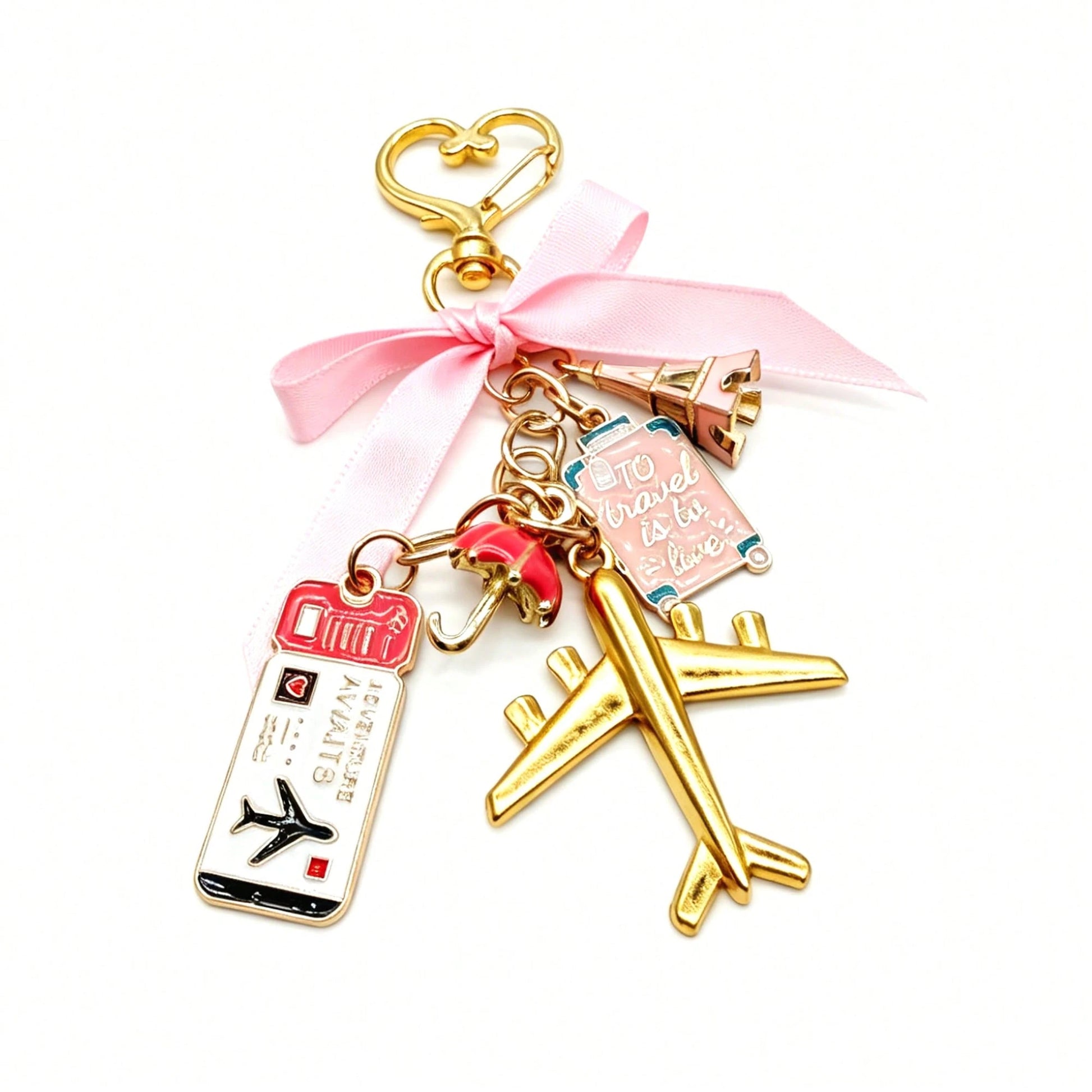 1pc Elegant Pink Bow Travel Keychain Pendant, Oil Drop Airplane, Luggage, Boarding Pass, Passport, Eiffel Tower DIY Decoration, Women's Bag Charm, Suitcase Decoration, Shoulder Bag Accessory, Multi-Fu