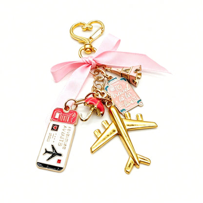 1pc Elegant Pink Bow Travel Keychain Pendant, Oil Drop Airplane, Luggage, Boarding Pass, Passport, Eiffel Tower DIY Decoration, Women's Bag Charm, Suitcase Decoration, Shoulder Bag Accessory, Multi-Fu