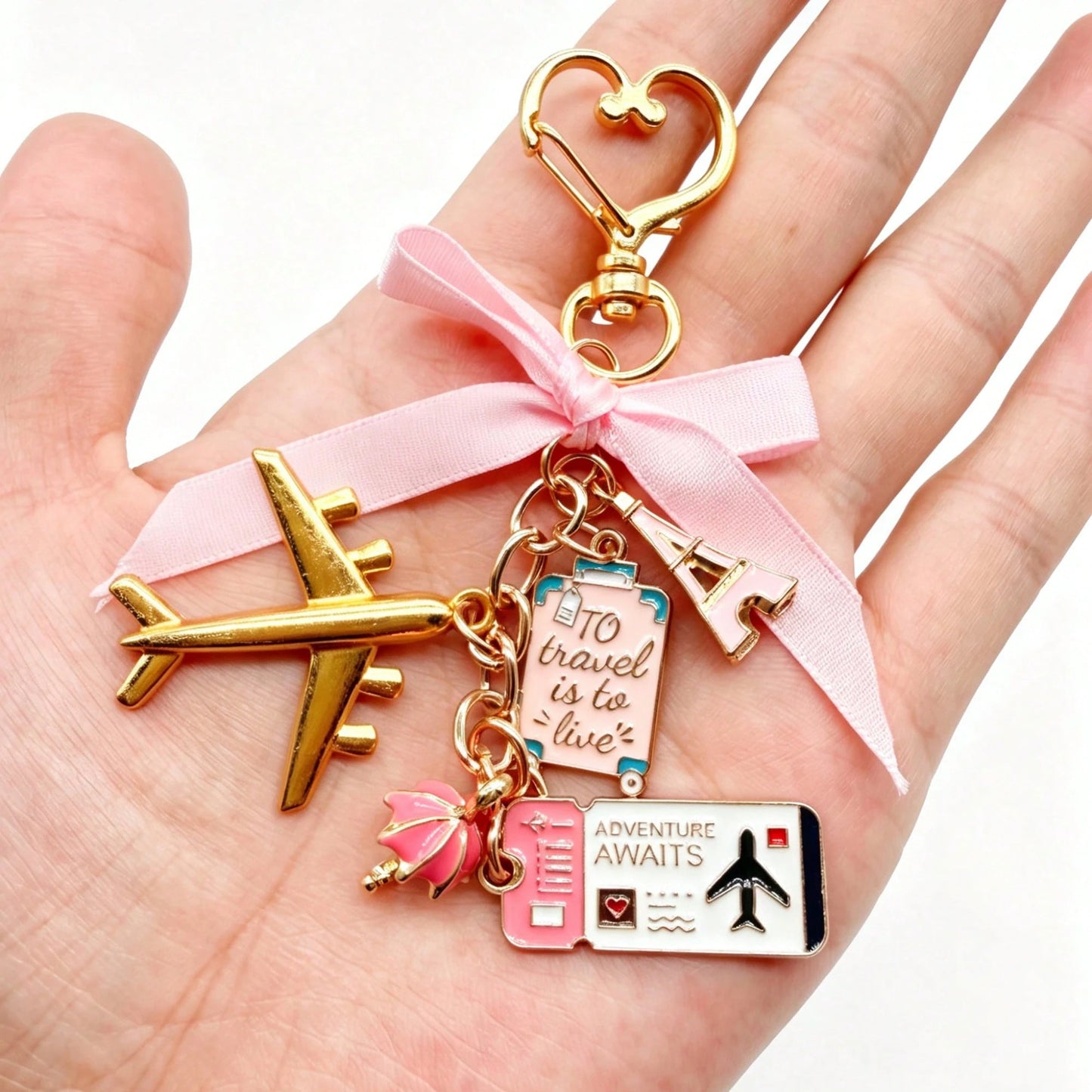 1pc Elegant Pink Bow Travel Keychain Pendant, Oil Drop Airplane, Luggage, Boarding Pass, Passport, Eiffel Tower DIY Decoration, Women's Bag Charm, Suitcase Decoration, Shoulder Bag Accessory, Multi-Fu