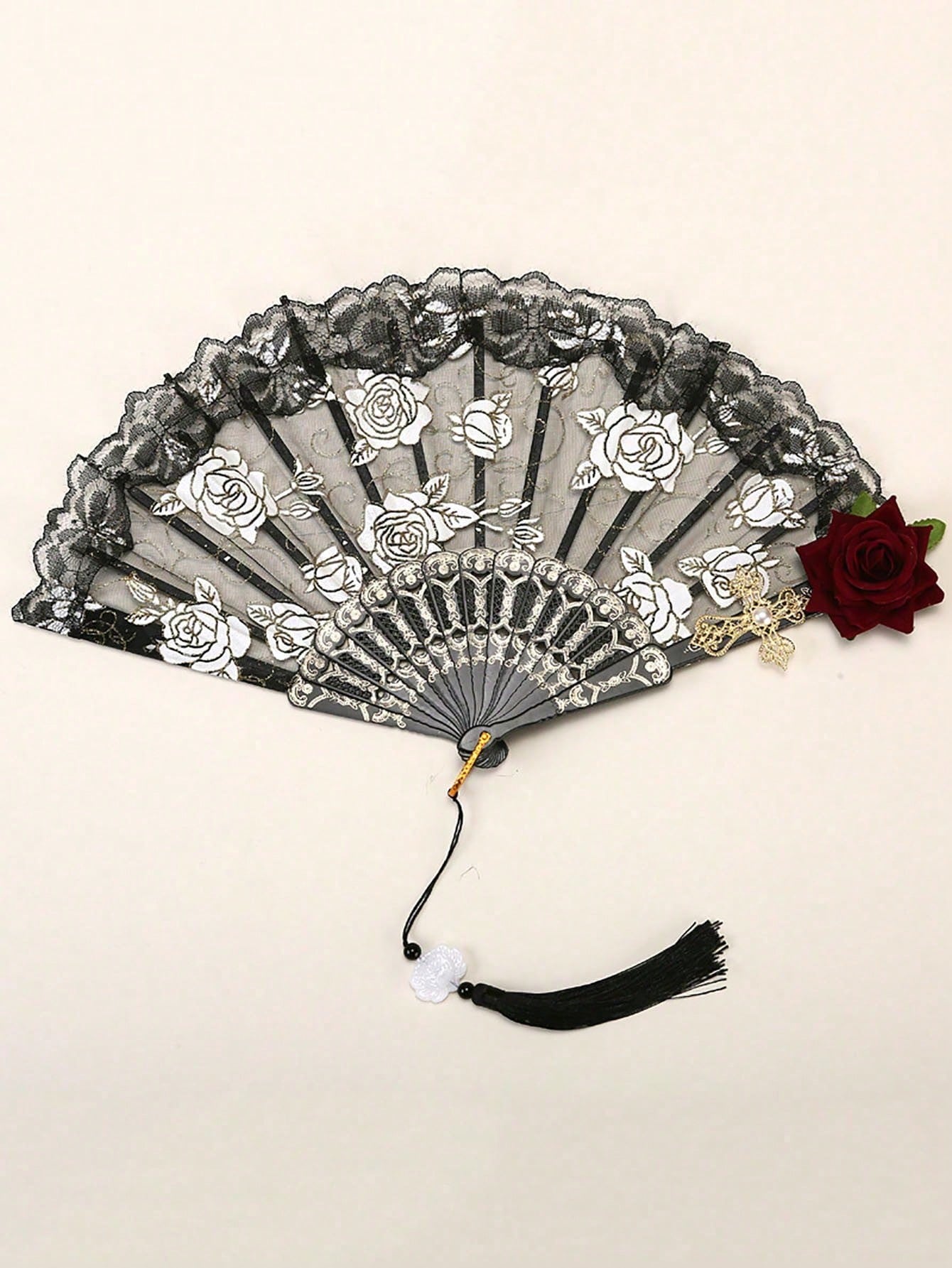1pc Elegant Vintage Spanish Lace Fan Luxurious European Rose Folding Fan For Cosplay Performance Decoration Valentine's Day
