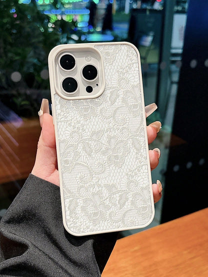 1pc Elegant White Lace Floral Pattern Phone Case, TPU Shockproof Protective Cover, Compatible With IPhone 17/16/15/14/13/12/11/Pro/Pro Max/Plus, Suitable As Gift For Family, Couples, Friends